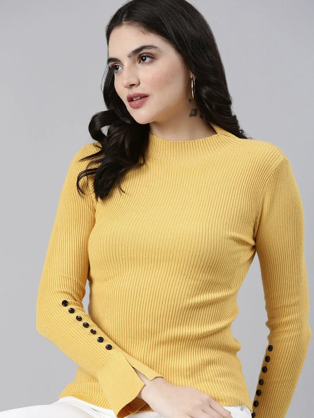 Women's High Neck Solid Regular Sleeves Fitted Yellow Top