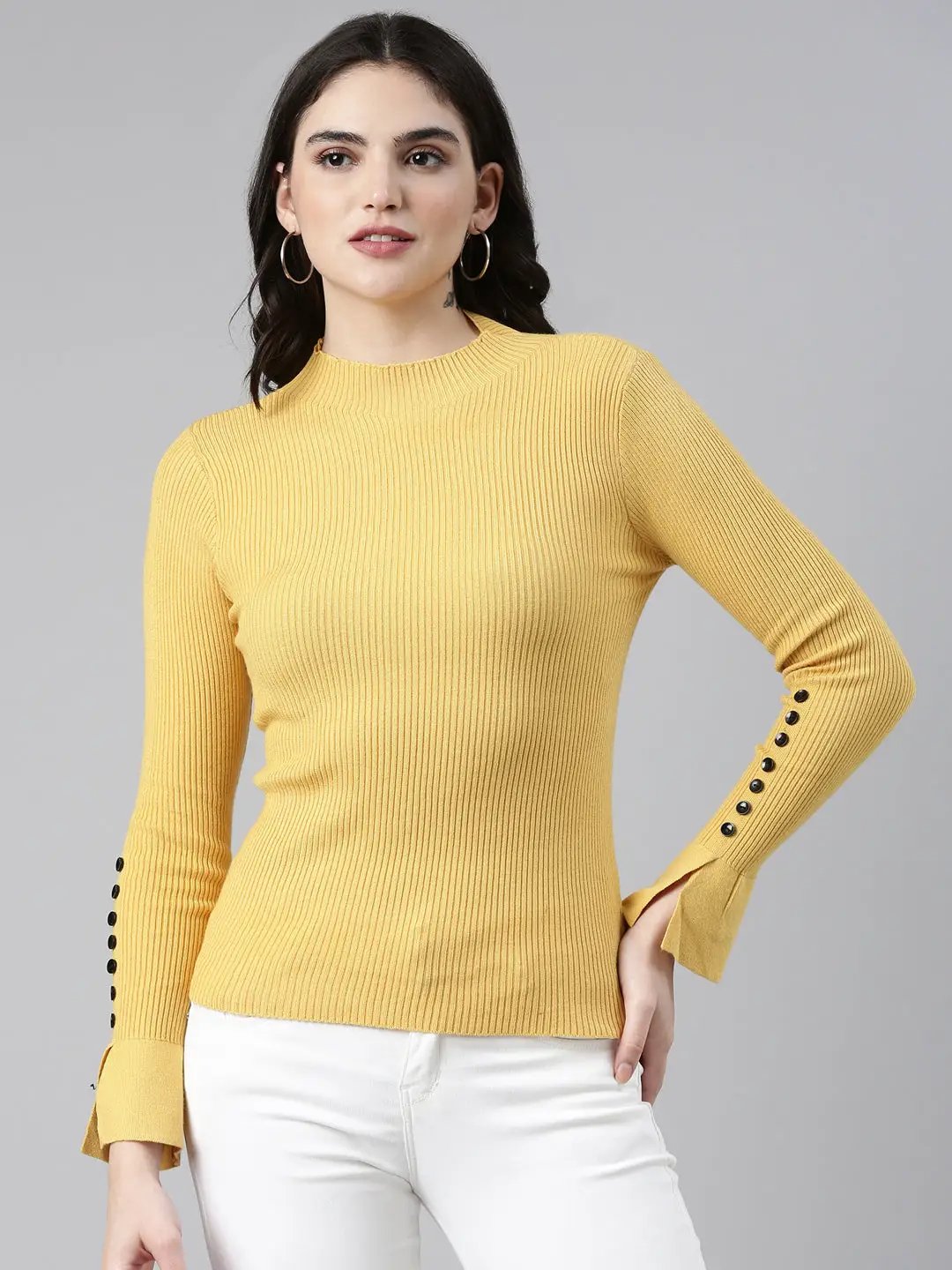 Women's High Neck Solid Regular Sleeves Fitted Yellow Top