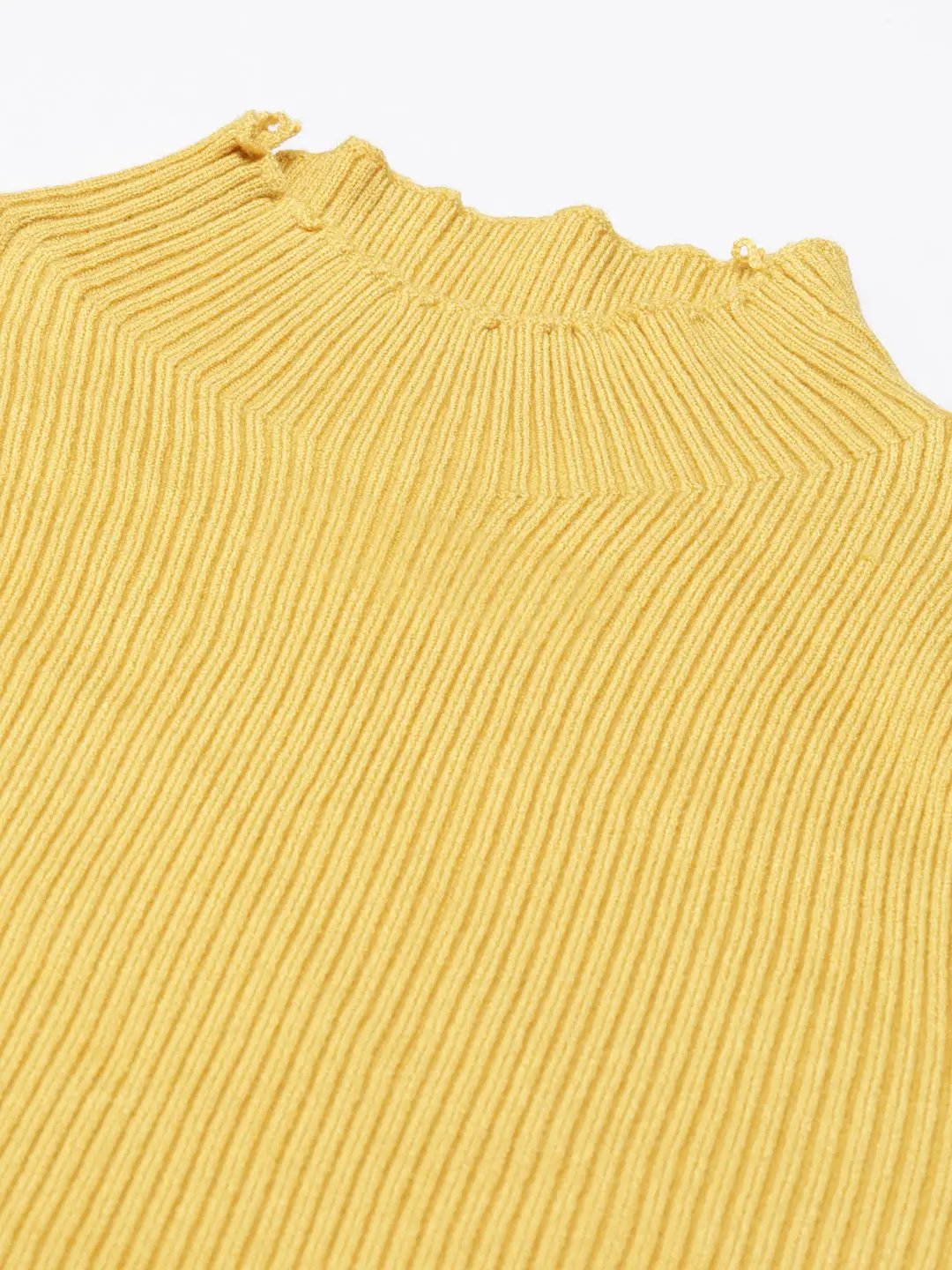 Women's High Neck Solid Regular Sleeves Fitted Yellow Top