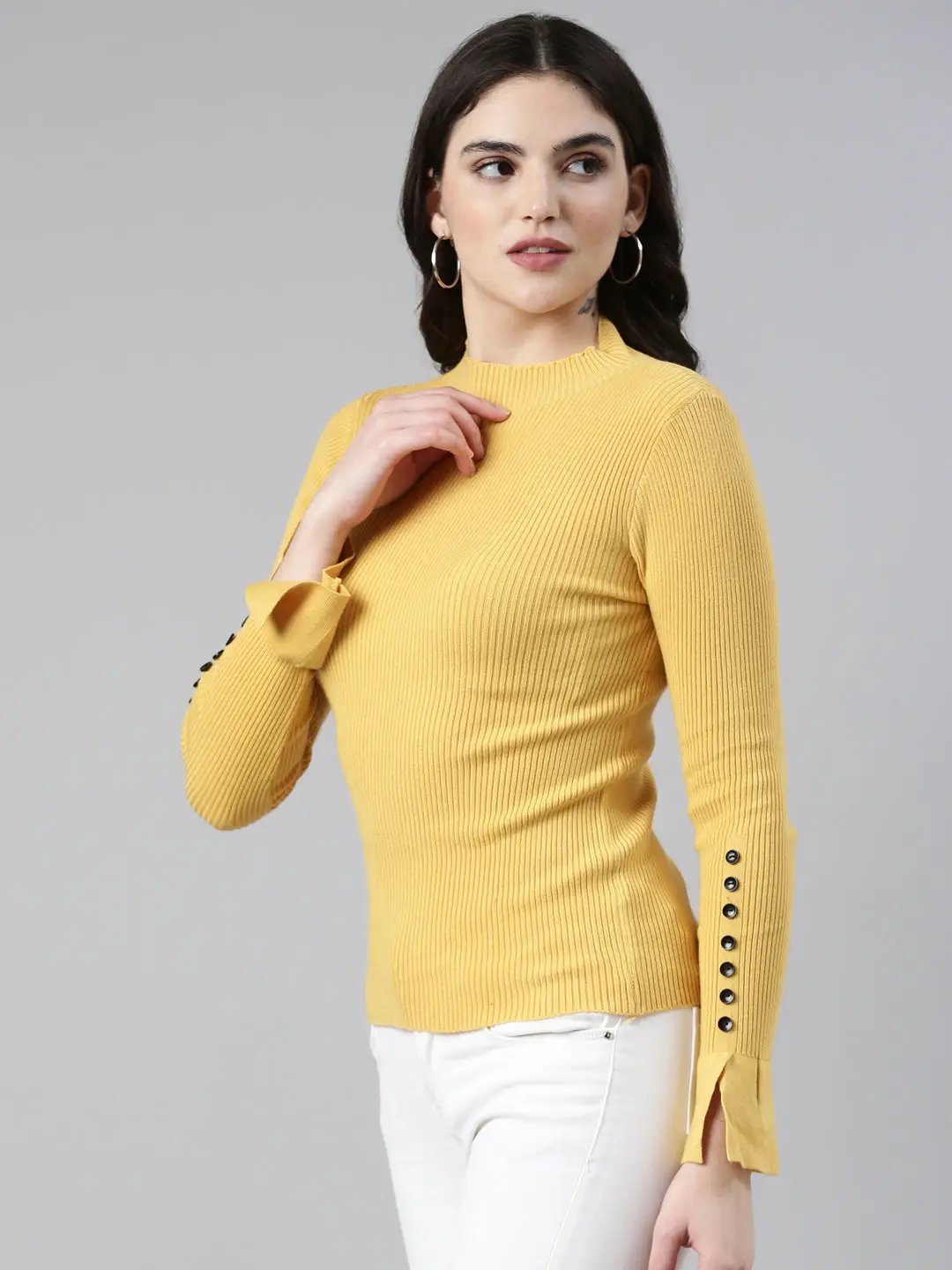 Women's High Neck Solid Regular Sleeves Fitted Yellow Top