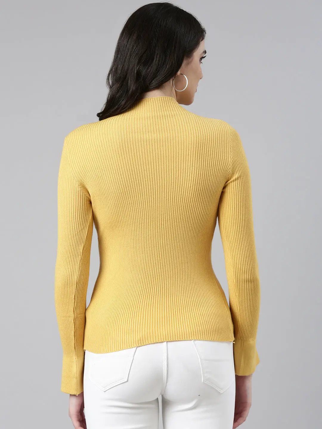 Women's High Neck Solid Regular Sleeves Fitted Yellow Top