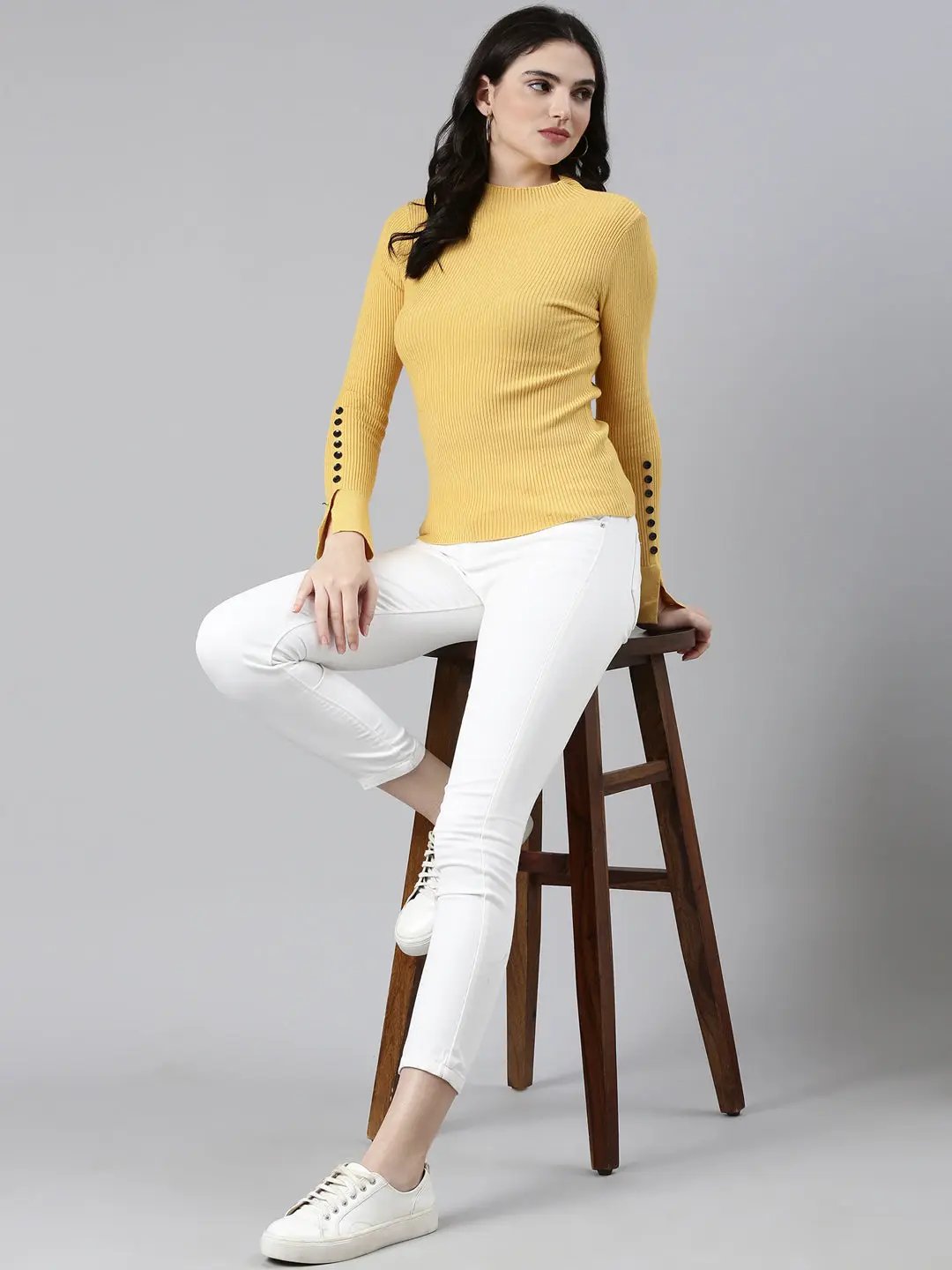 Women's High Neck Solid Regular Sleeves Fitted Yellow Top
