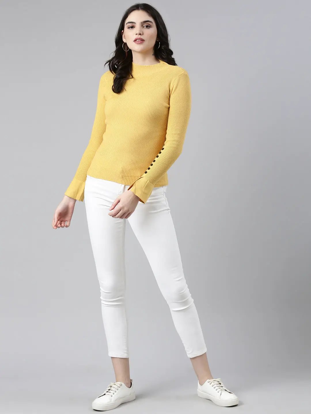 Women's High Neck Solid Regular Sleeves Fitted Yellow Top