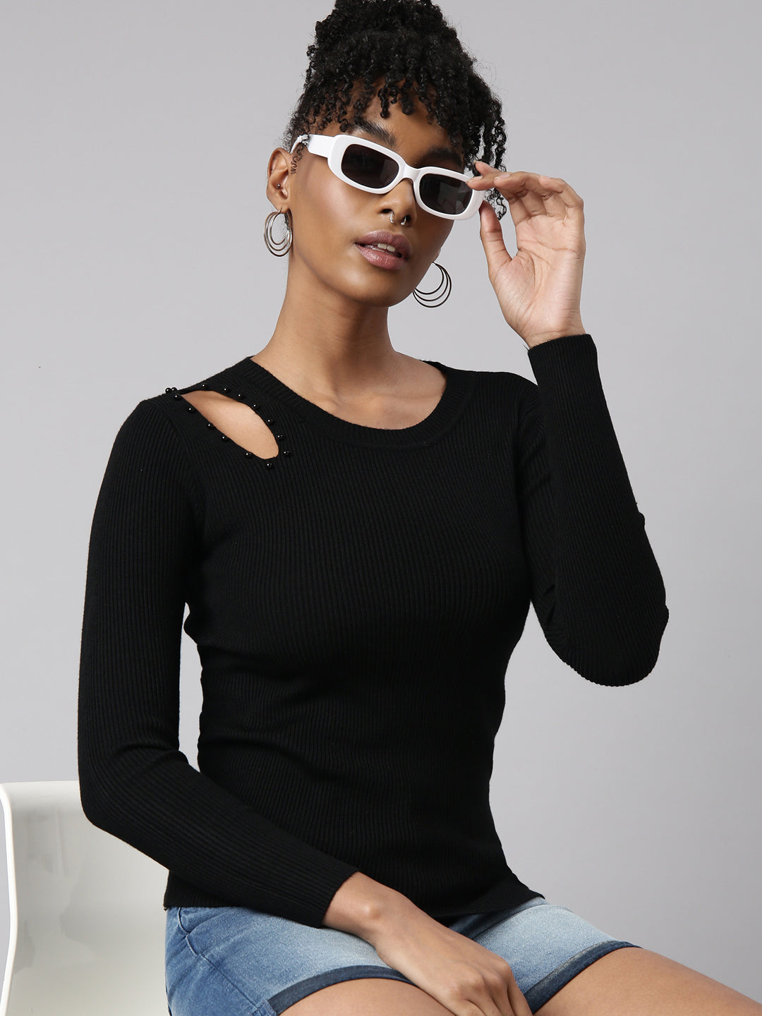 Women Black Solid Fitted Top