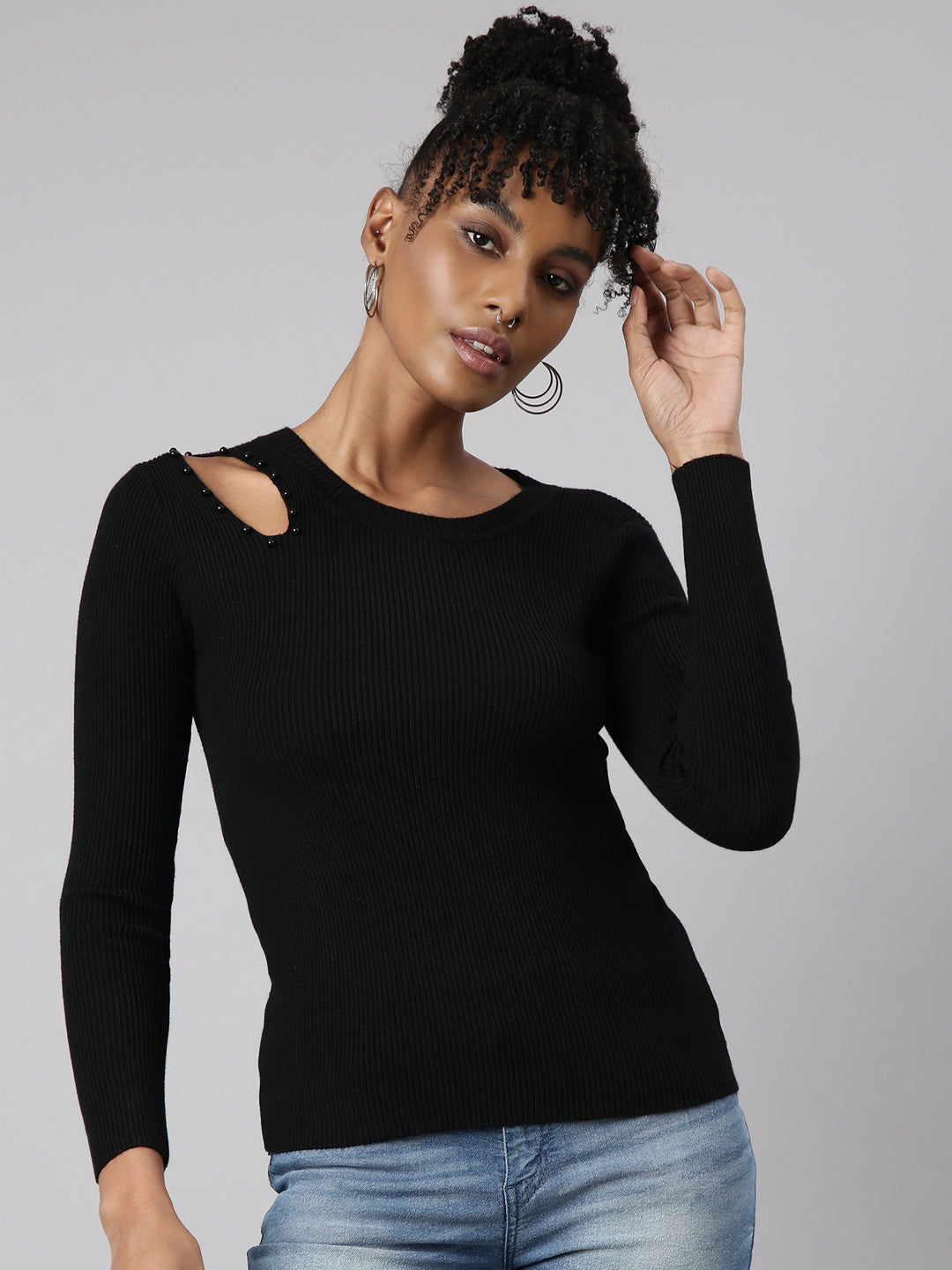 Women Black Solid Fitted Top