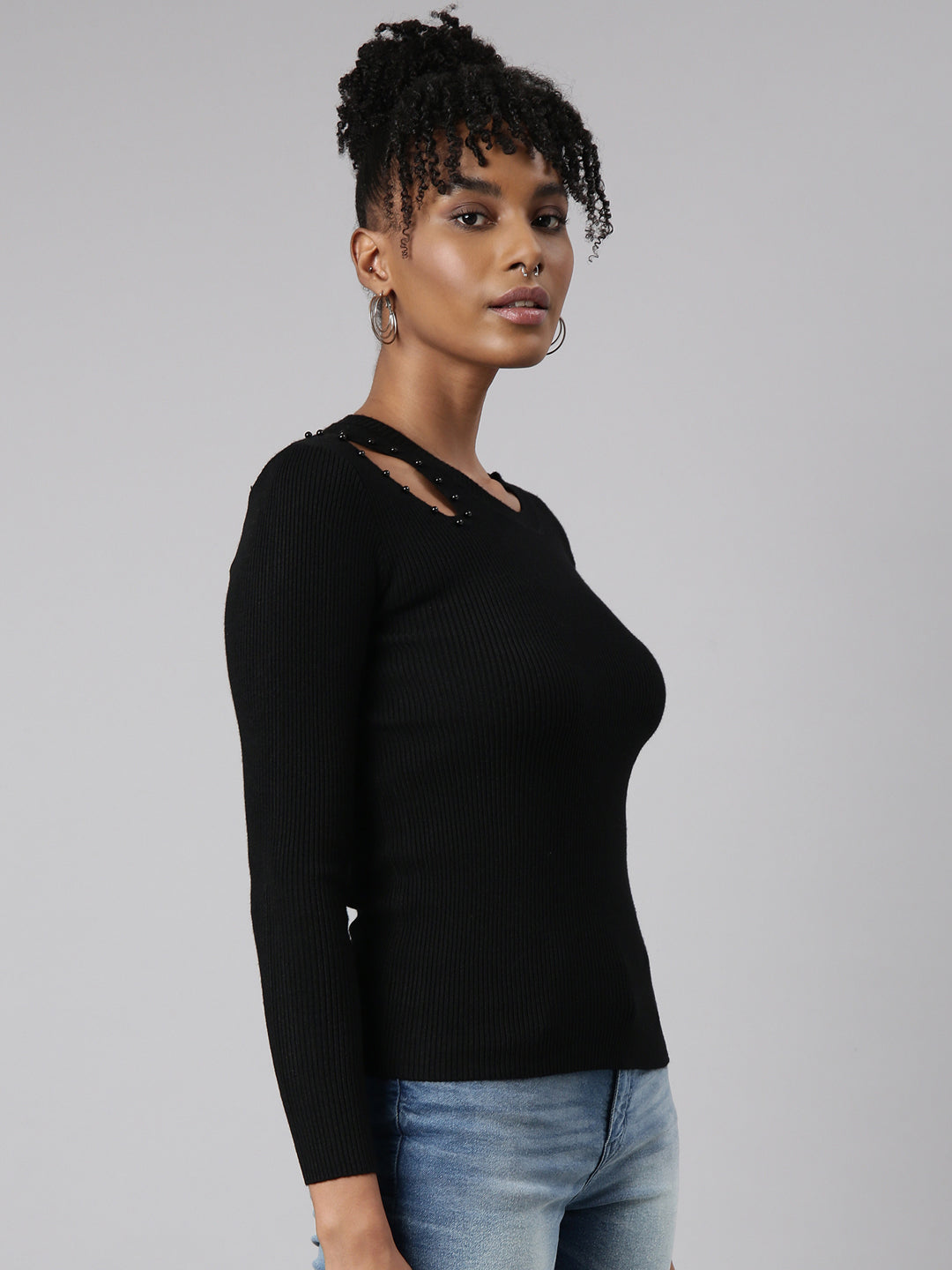 Women Black Solid Fitted Top