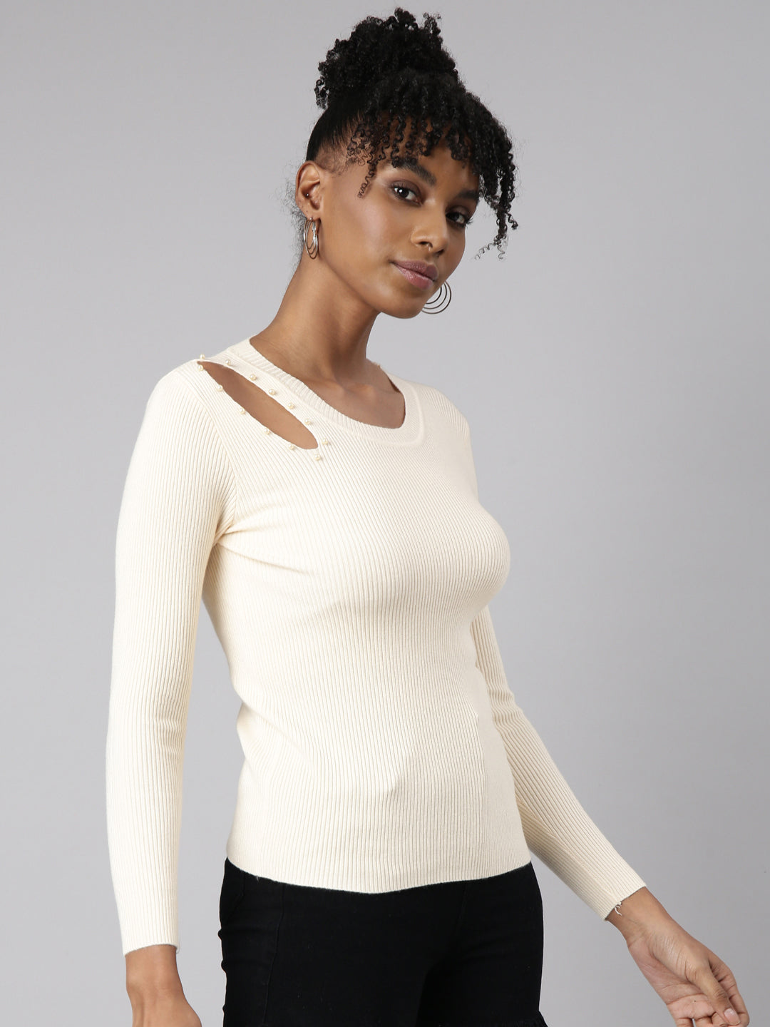 Women Cream Solid Fitted Top