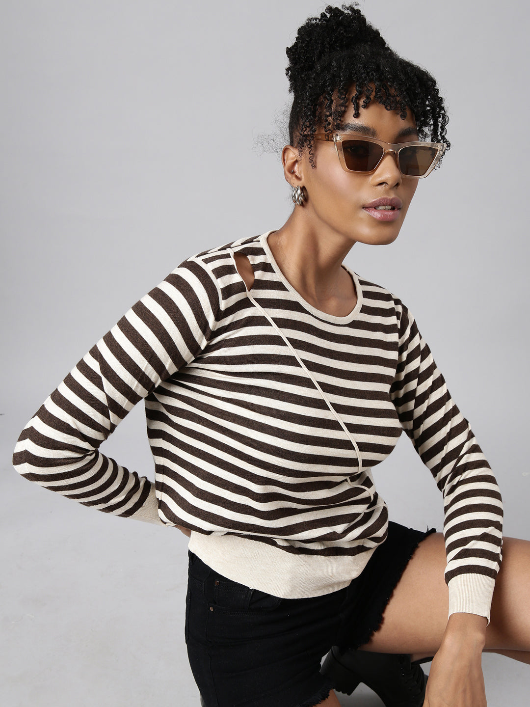 Women Brown Horizontal Stripes Fitted Top