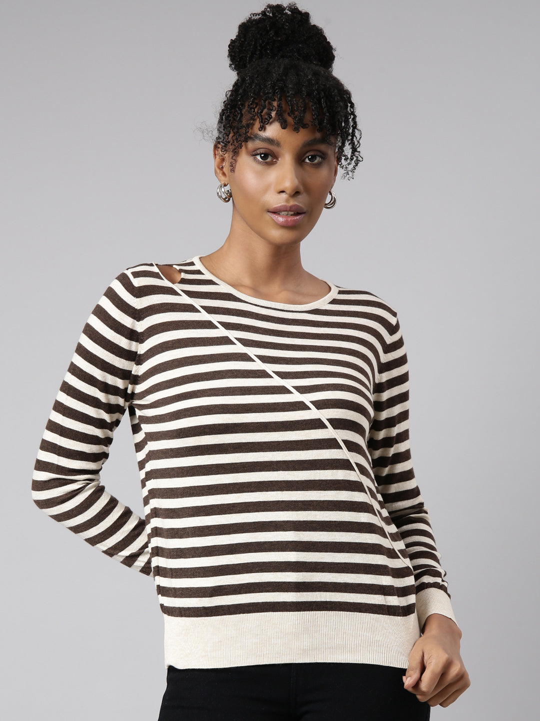 Women Brown Horizontal Stripes Fitted Top