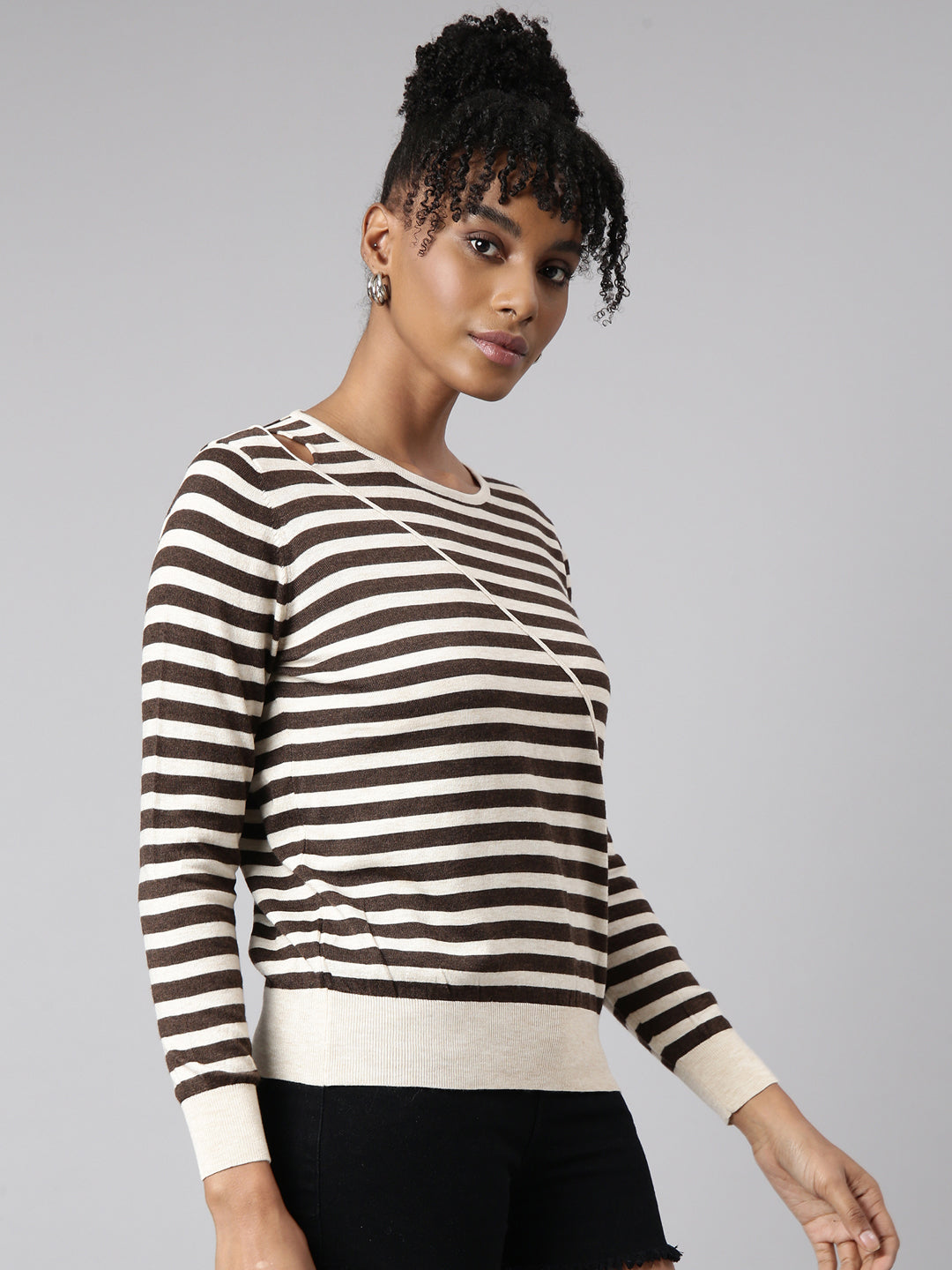 Women Brown Horizontal Stripes Fitted Top