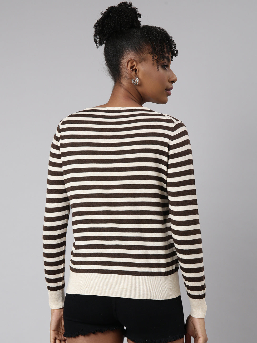 Women Brown Horizontal Stripes Fitted Top