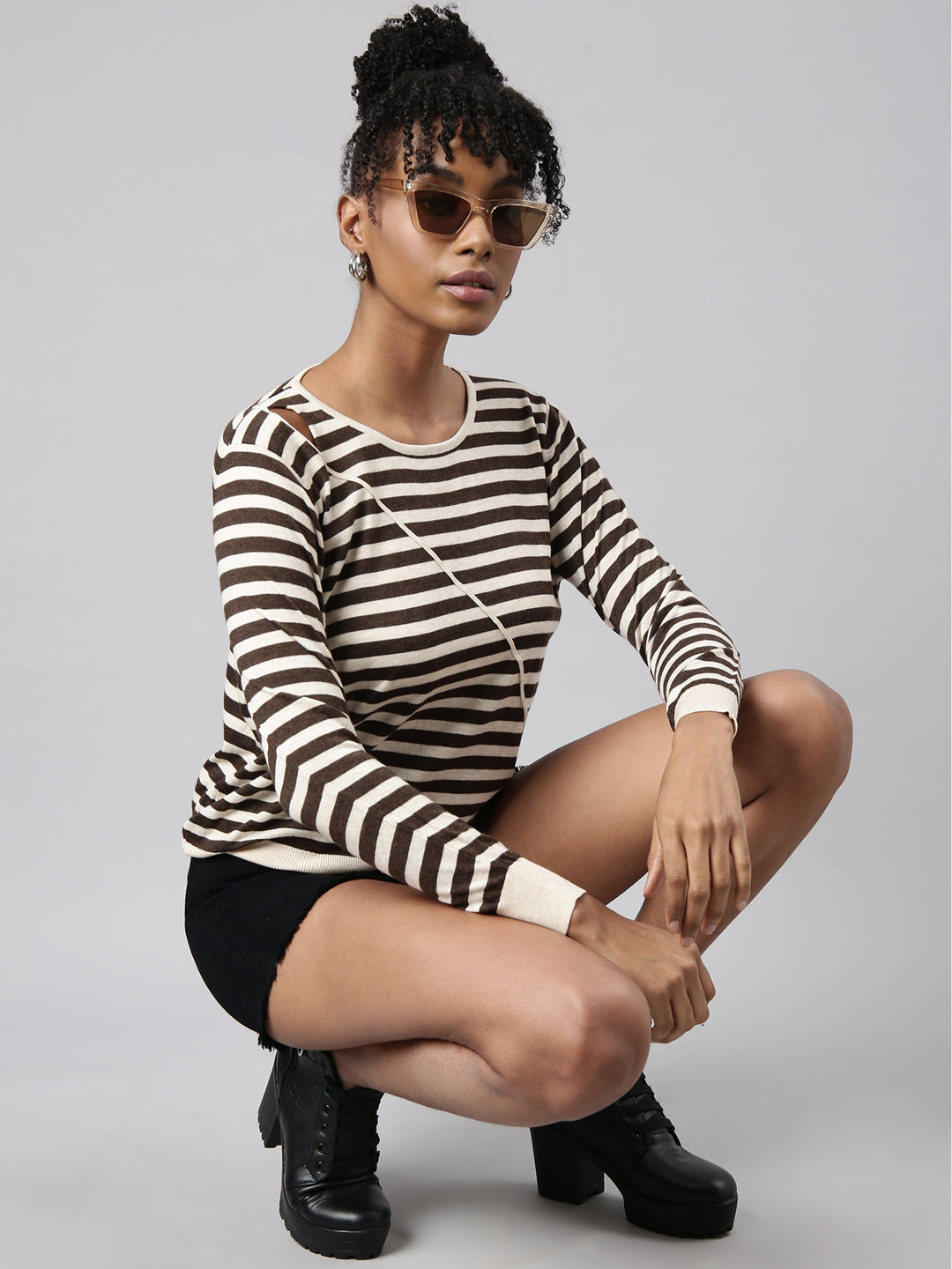 Women Brown Horizontal Stripes Fitted Top