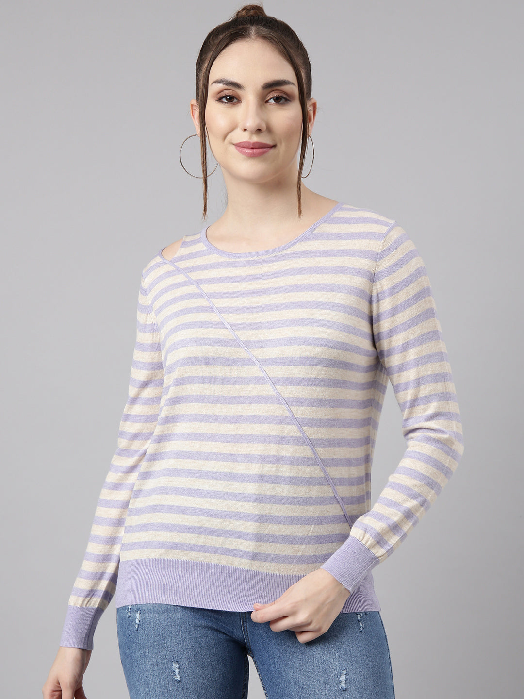 Women Lavender Horizontal Stripes Fitted Top