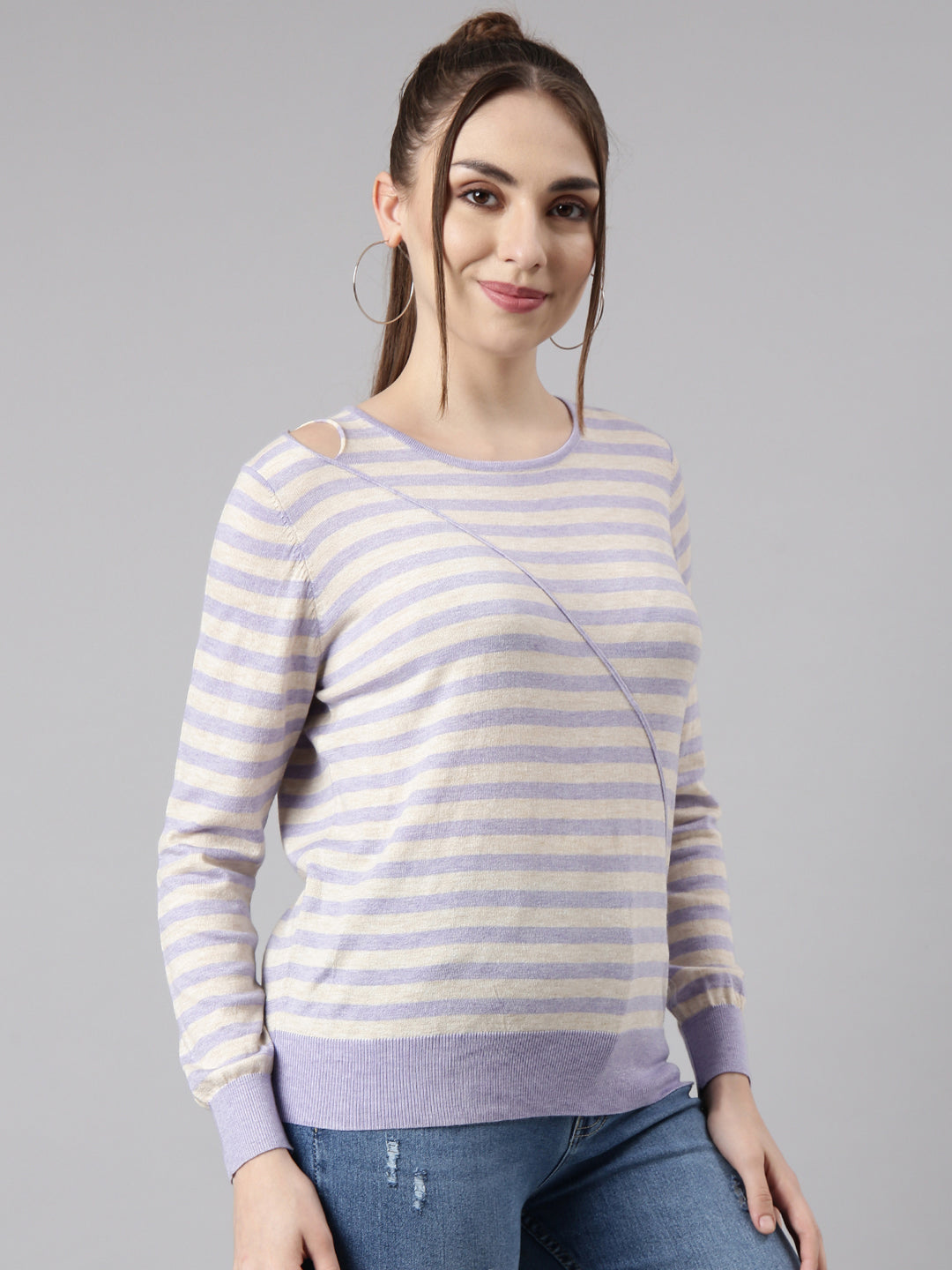 Women Lavender Horizontal Stripes Fitted Top