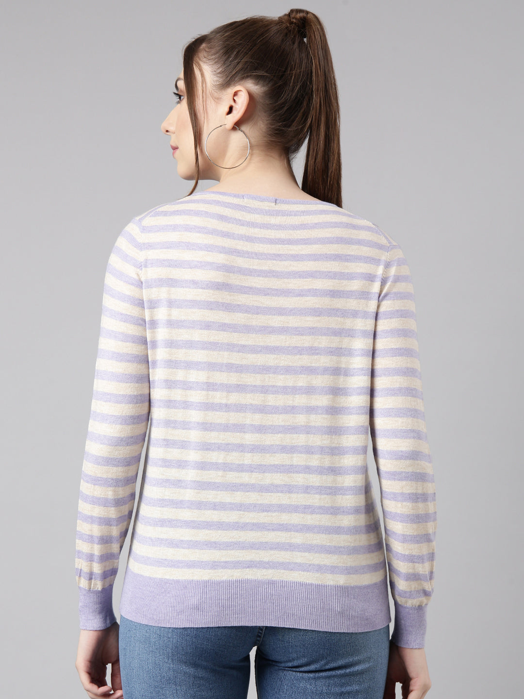 Women Lavender Horizontal Stripes Fitted Top