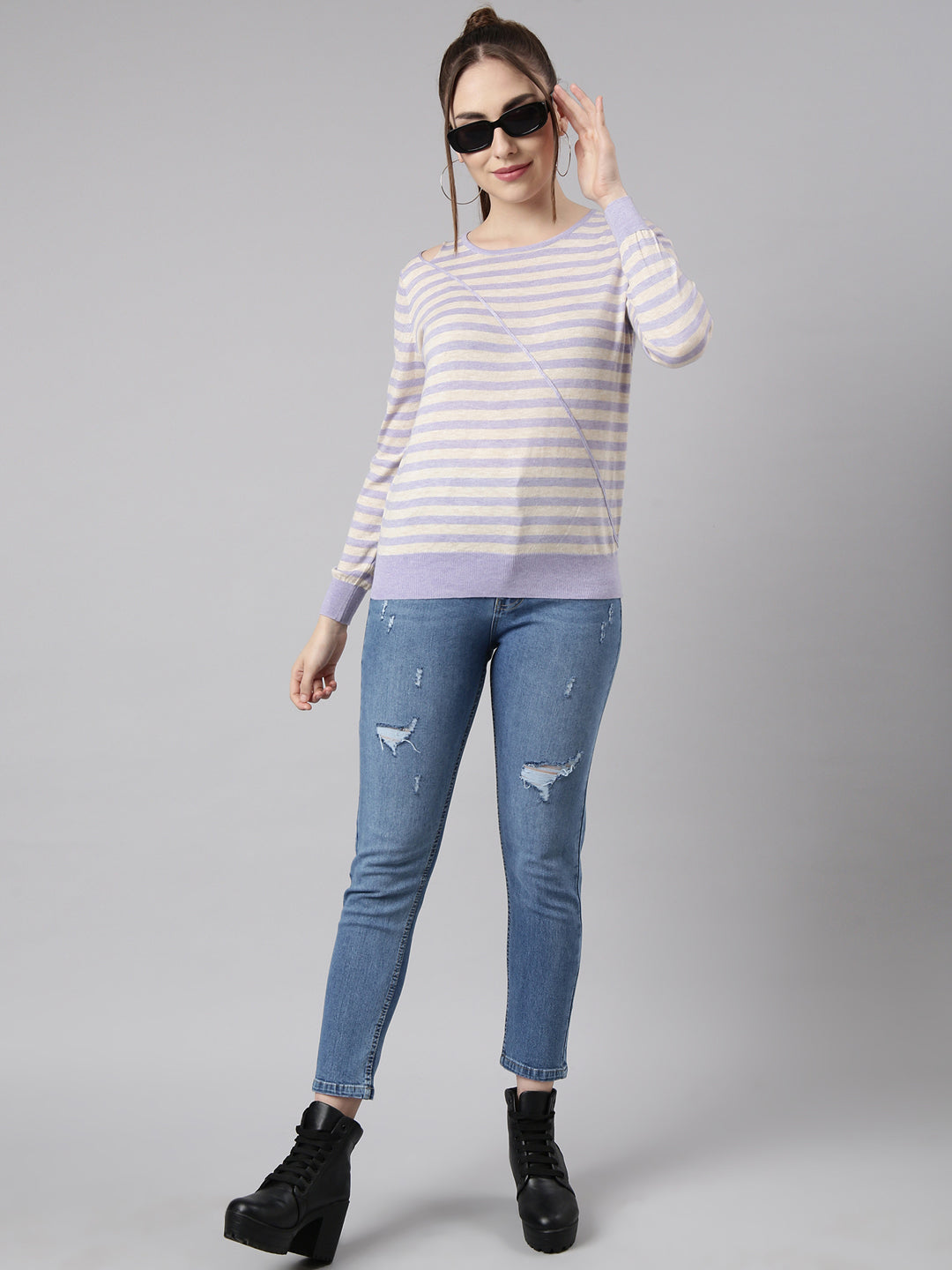 Women Lavender Horizontal Stripes Fitted Top