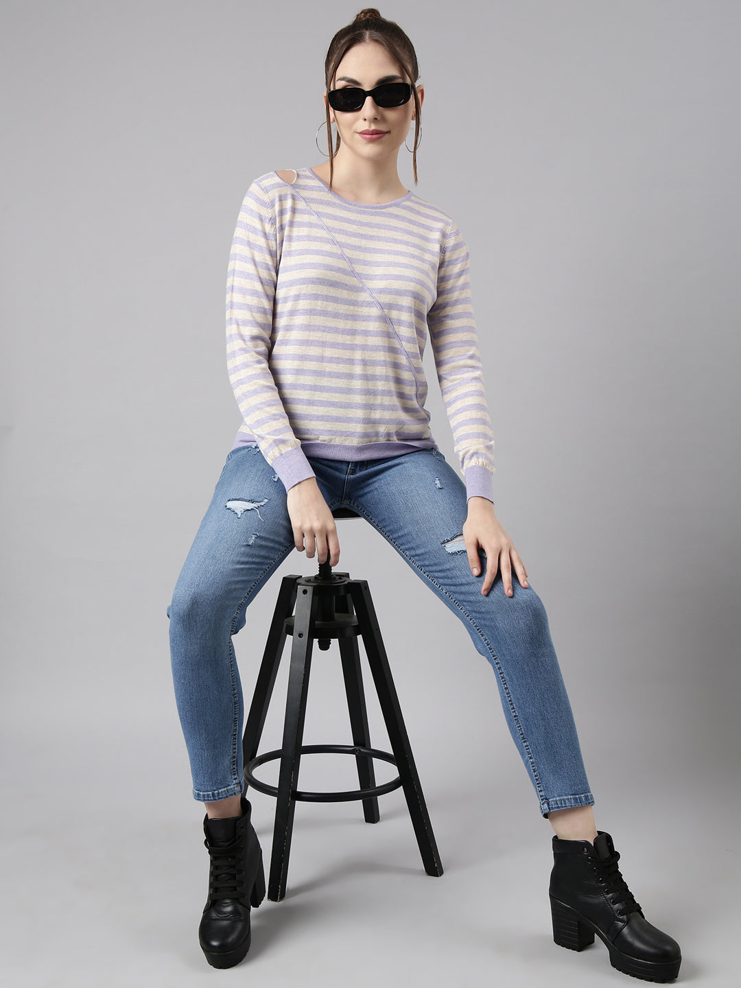 Women Lavender Horizontal Stripes Fitted Top