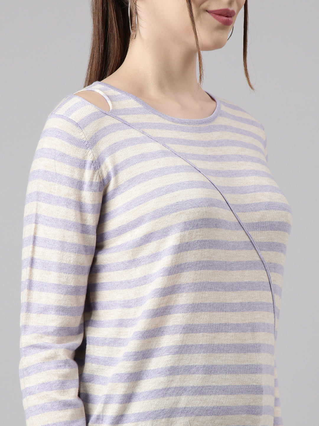 Women Lavender Horizontal Stripes Fitted Top