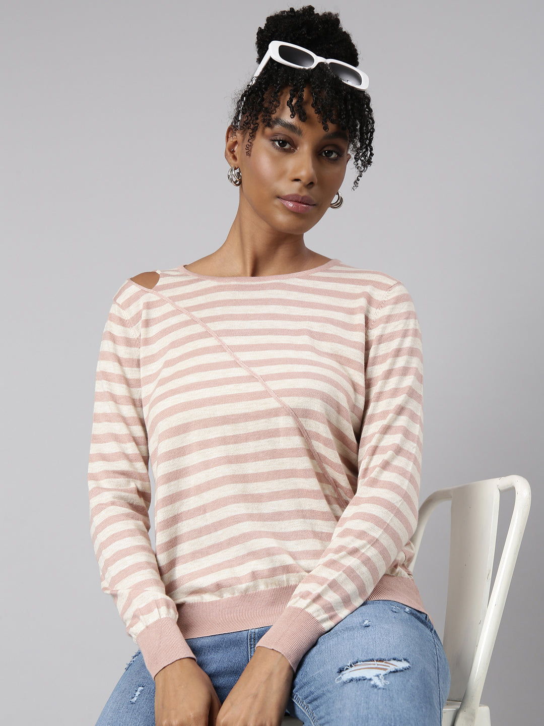 Women Peach Horizontal Stripes Fitted Top