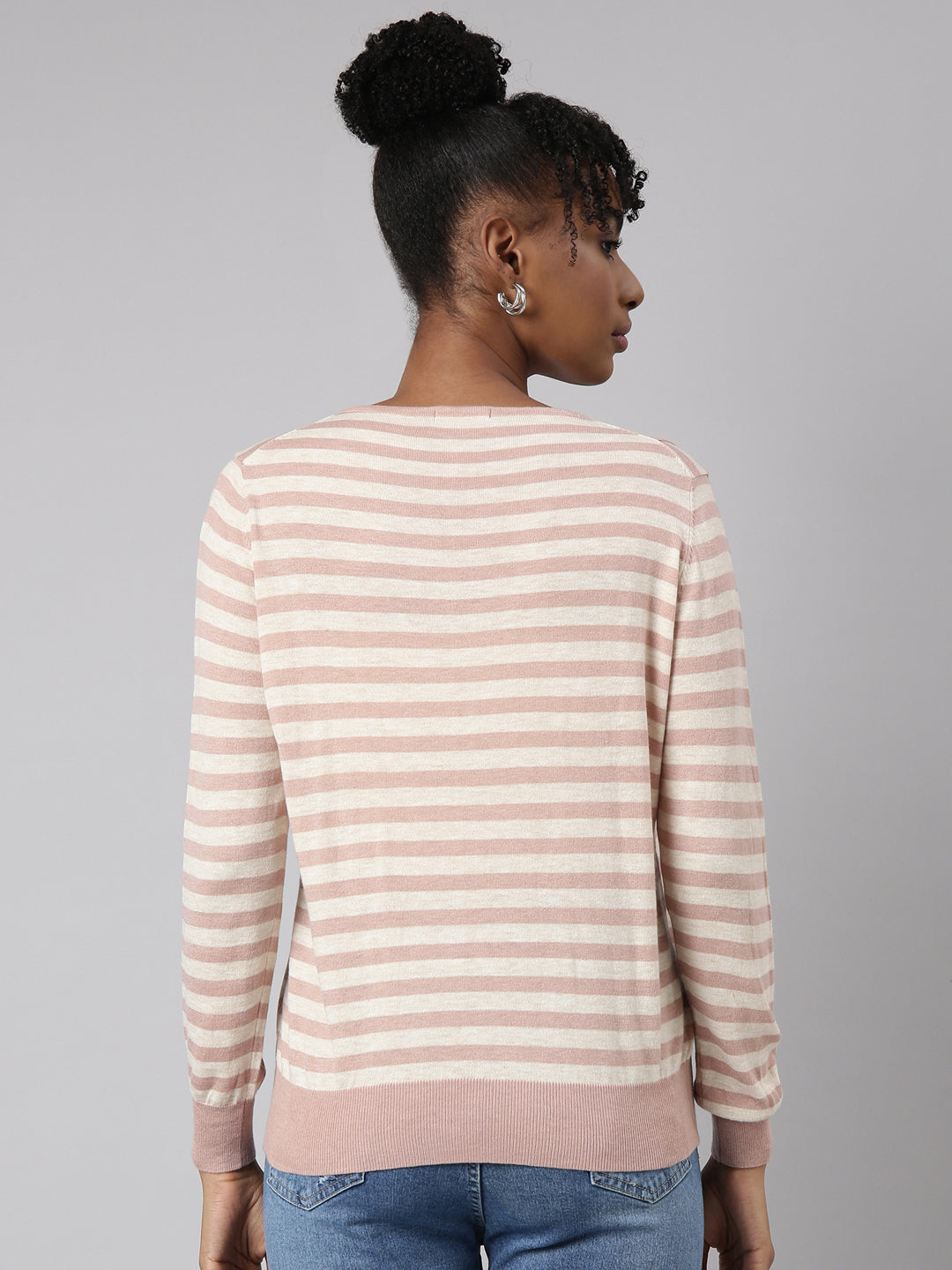 Women Peach Horizontal Stripes Fitted Top