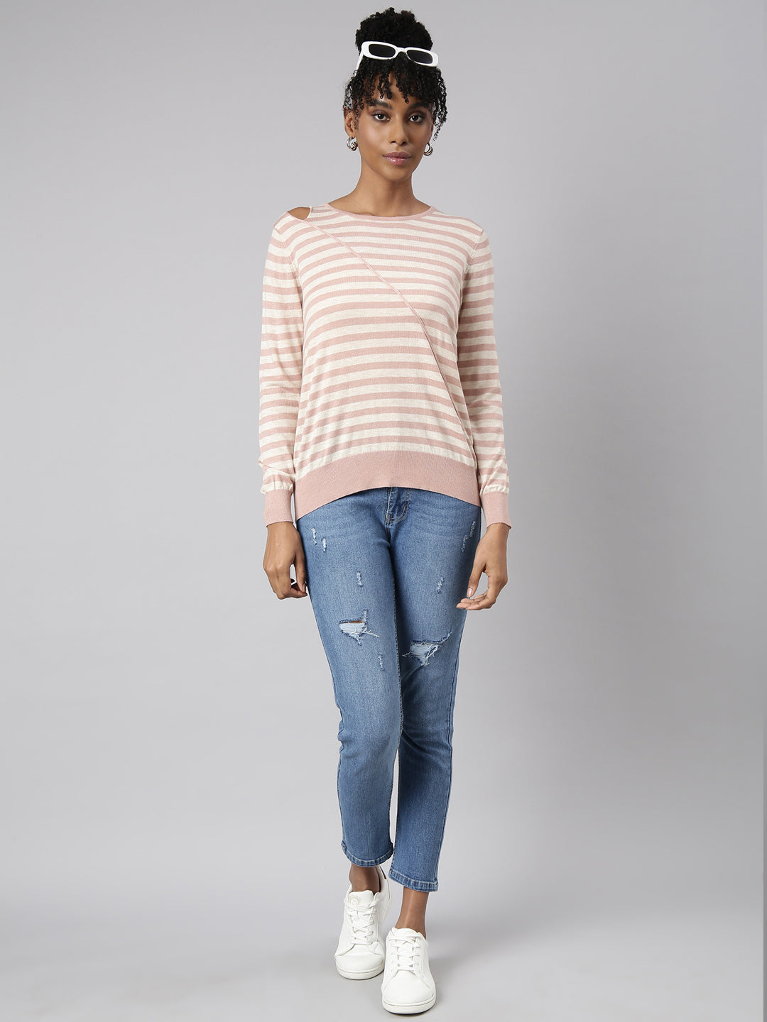 Women Peach Horizontal Stripes Fitted Top