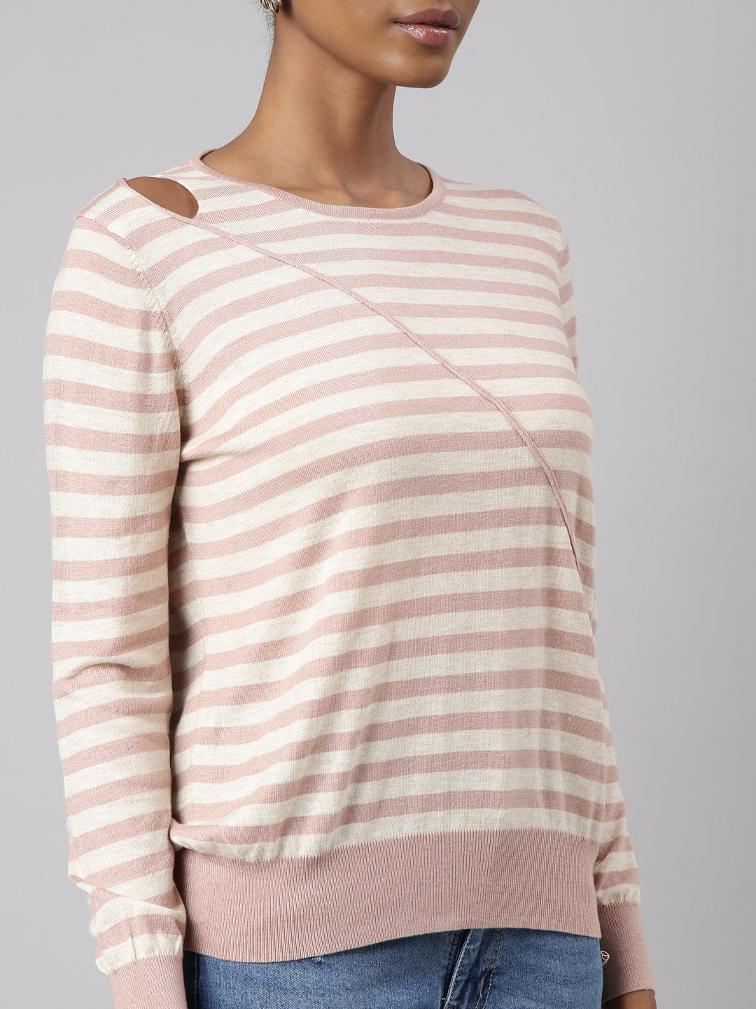 Women Peach Horizontal Stripes Fitted Top