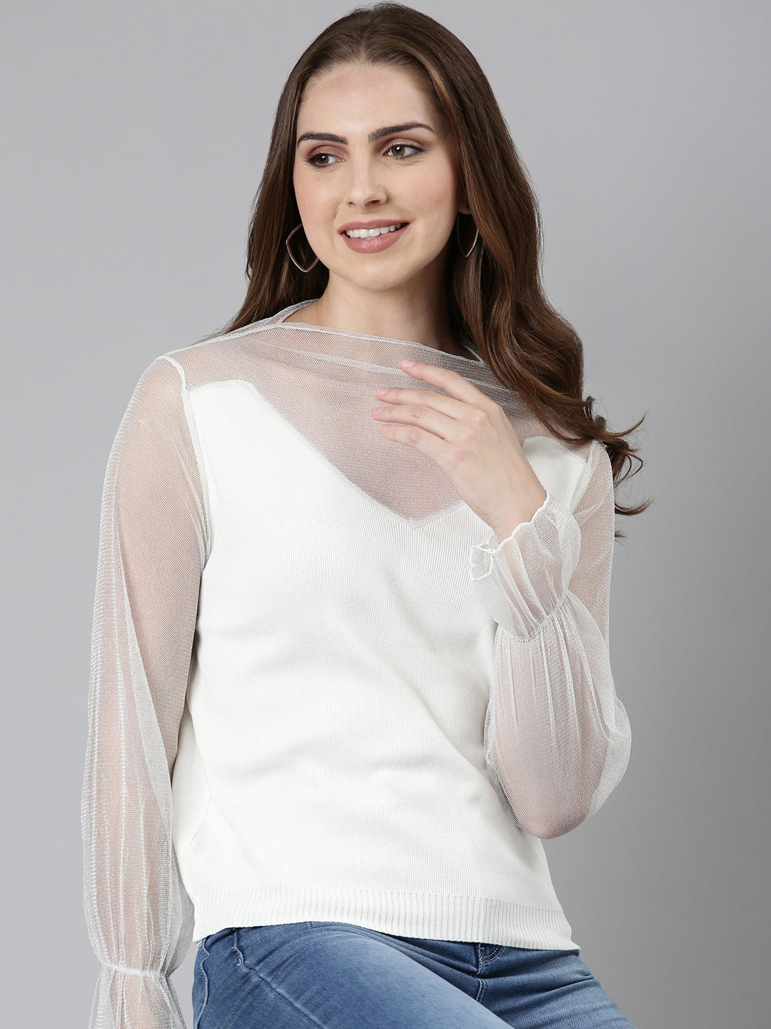 Women High Neck Solid Regular White Top