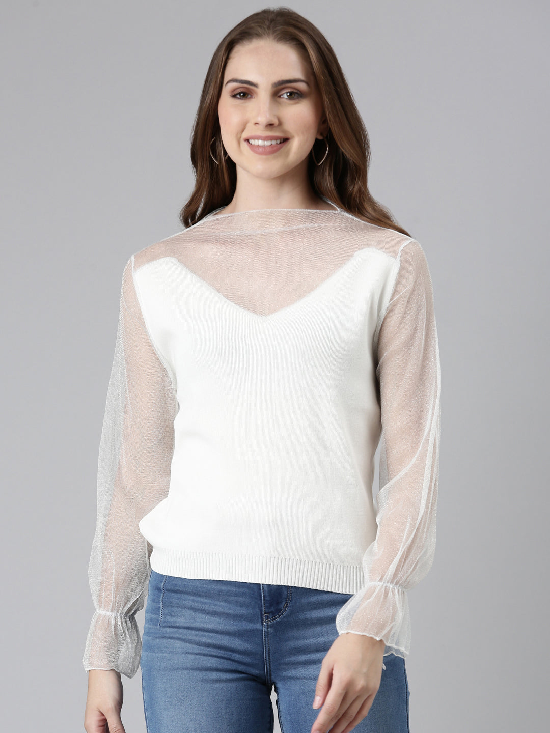 Women High Neck Solid Regular White Top