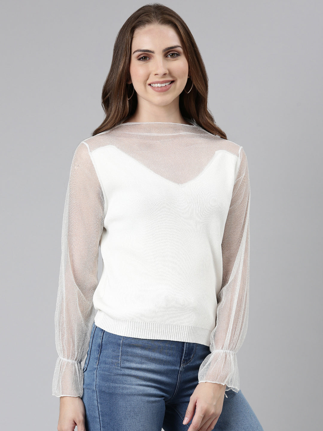 Women High Neck Solid Regular White Top