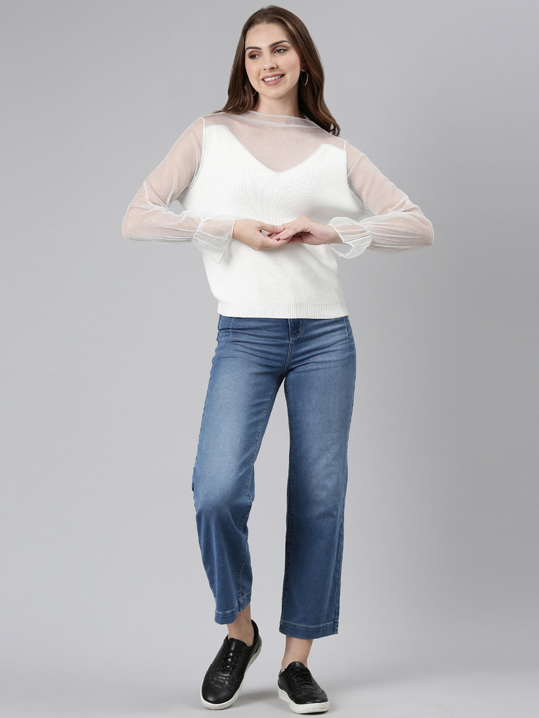 Women High Neck Solid Regular White Top