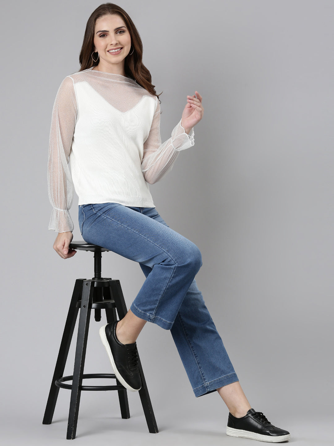 Women High Neck Solid Regular White Top