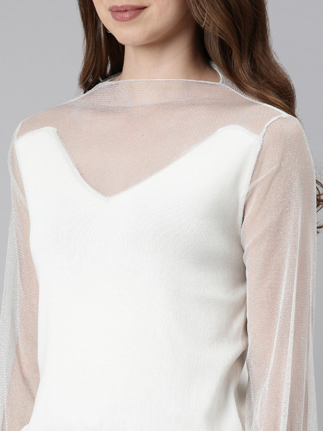 Women High Neck Solid Regular White Top