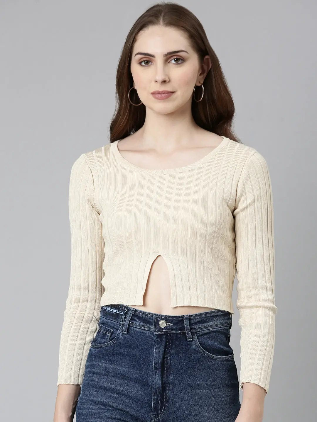 Women's Round Neck Self Design Regular Sleeves Fitted Beige Crop Top