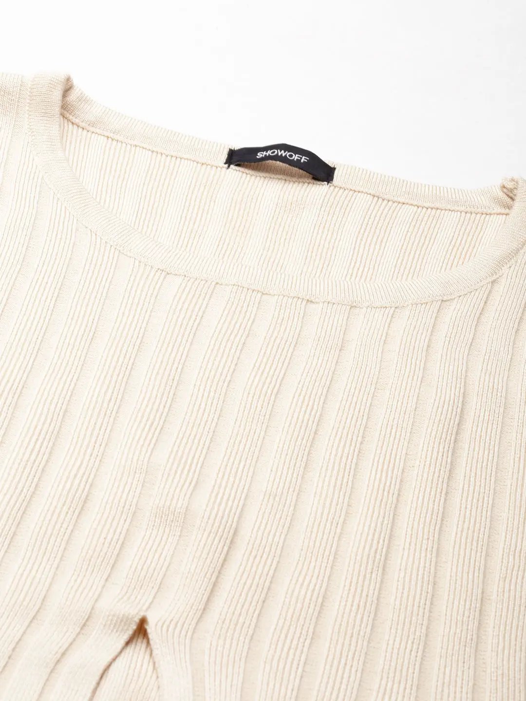 Women's Round Neck Self Design Regular Sleeves Fitted Beige Crop Top