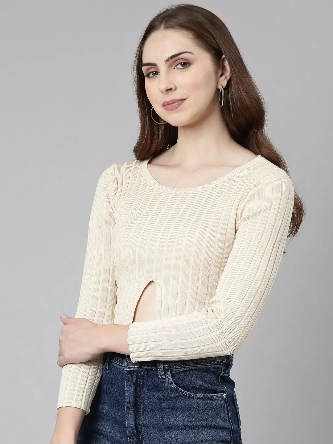 Women's Round Neck Self Design Regular Sleeves Fitted Beige Crop Top