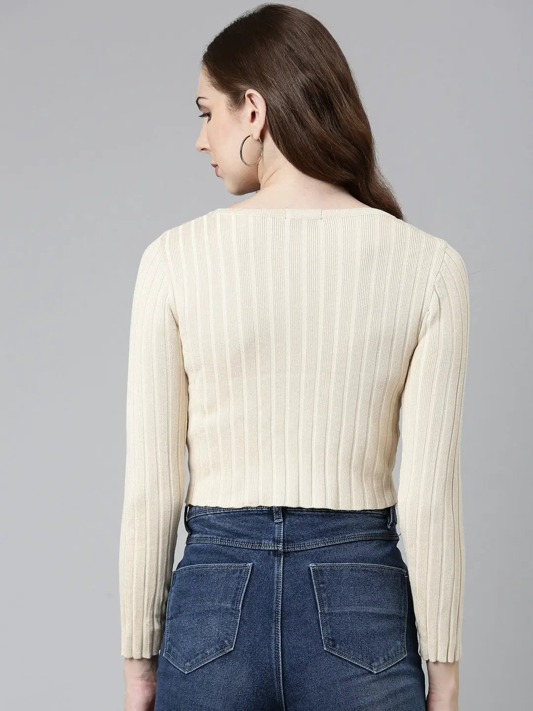 Women's Round Neck Self Design Regular Sleeves Fitted Beige Crop Top