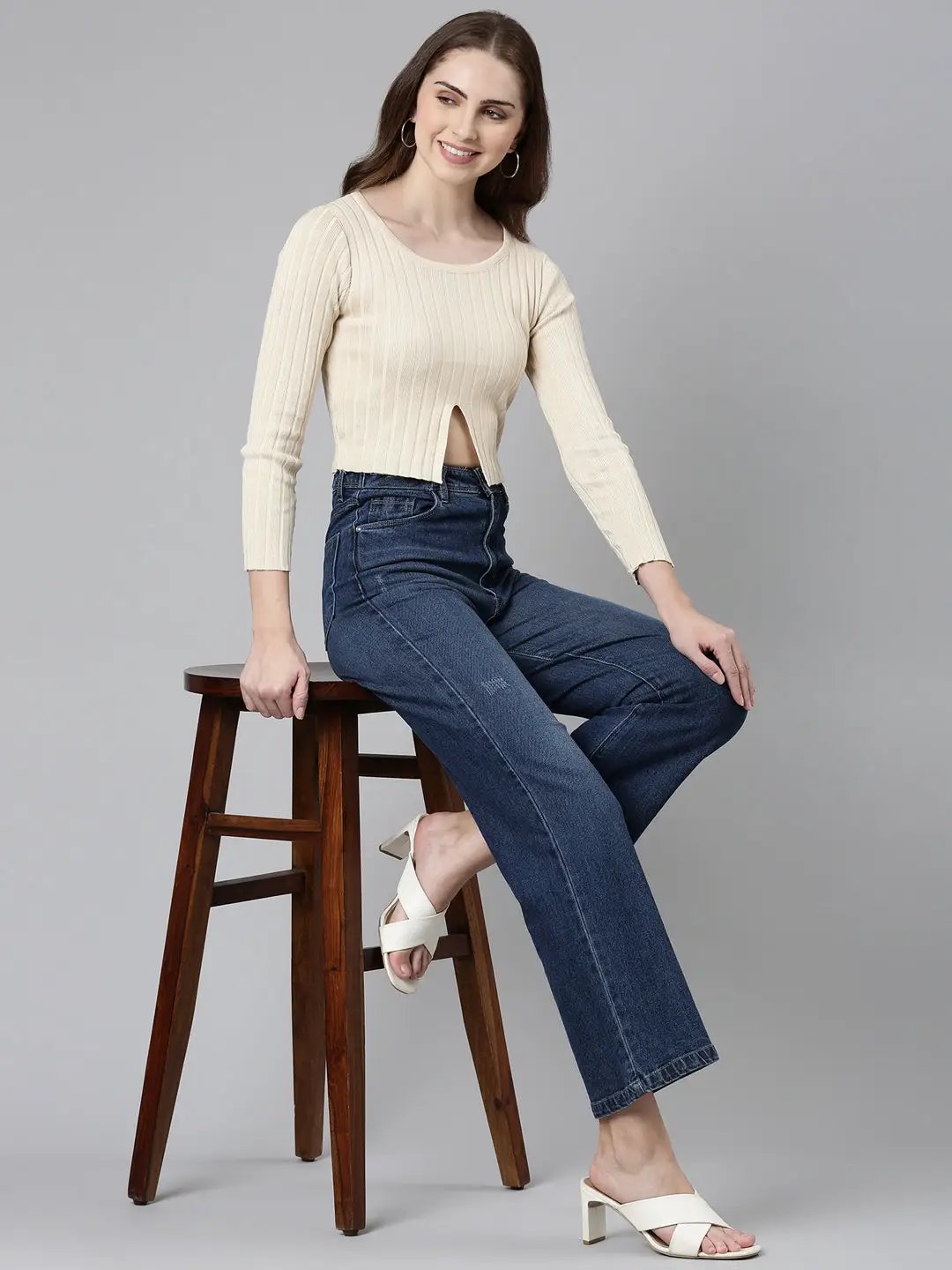 Women's Round Neck Self Design Regular Sleeves Fitted Beige Crop Top