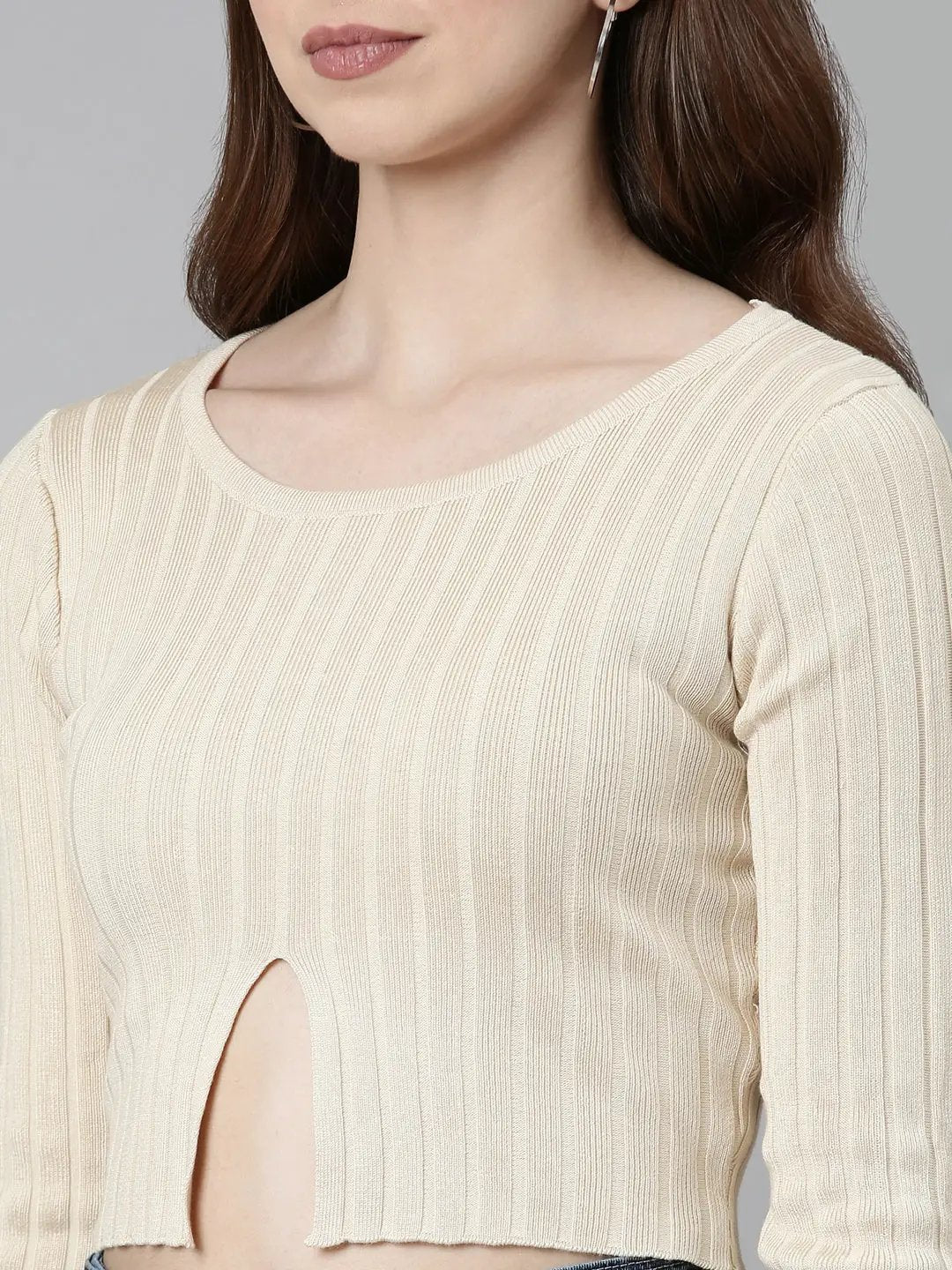 Women's Round Neck Self Design Regular Sleeves Fitted Beige Crop Top