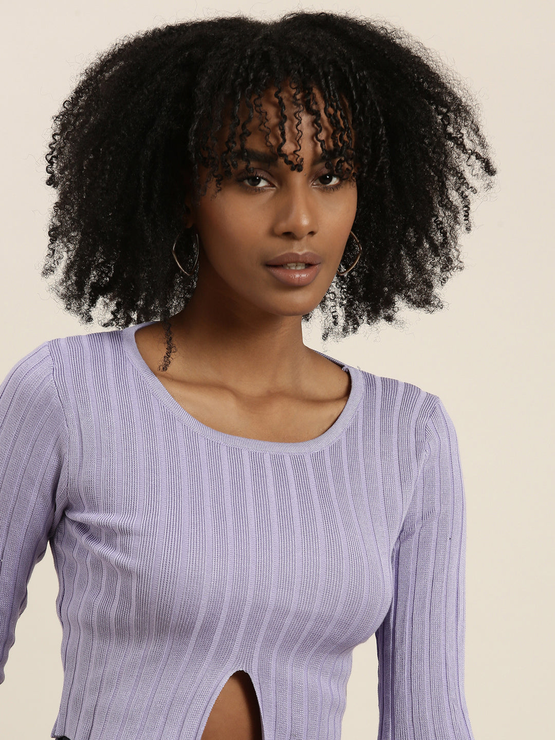 Round Neck Self Design Regular Sleeves Fitted Lavender Crop Top