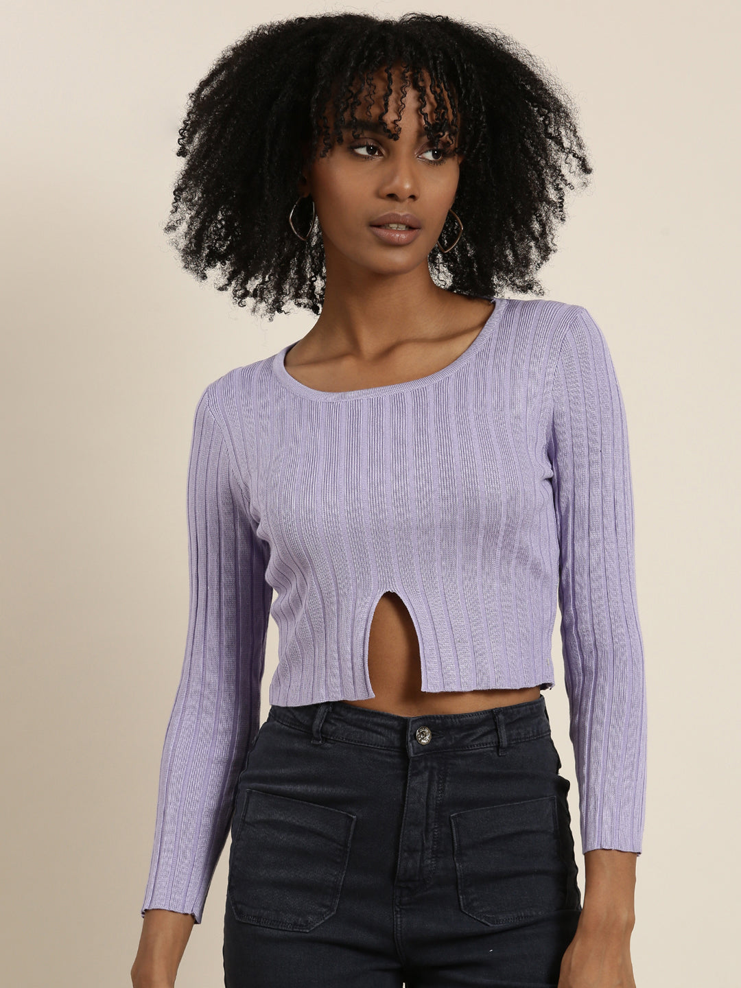 Round Neck Self Design Regular Sleeves Fitted Lavender Crop Top