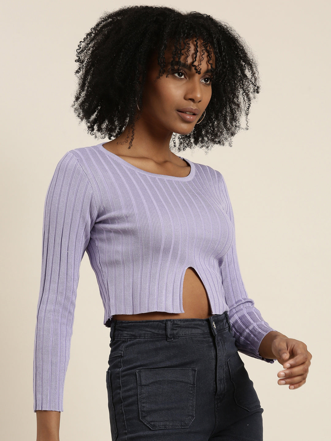 Round Neck Self Design Regular Sleeves Fitted Lavender Crop Top