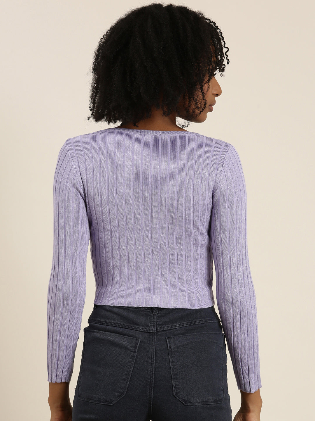 Round Neck Self Design Regular Sleeves Fitted Lavender Crop Top