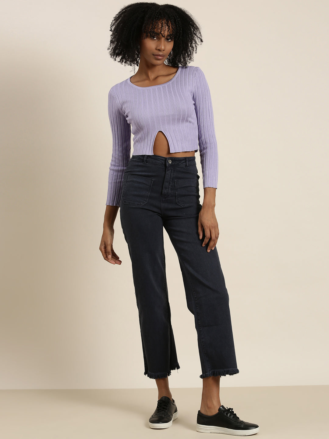 Round Neck Self Design Regular Sleeves Fitted Lavender Crop Top