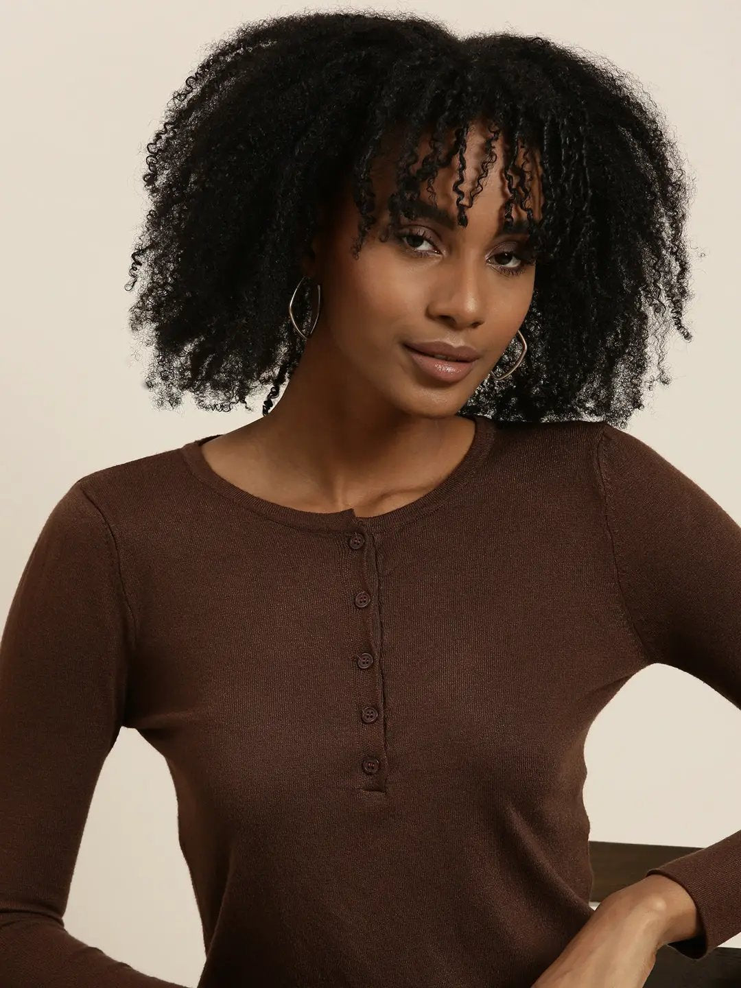Women's Round Neck Solid Regular Coffee Brown Top