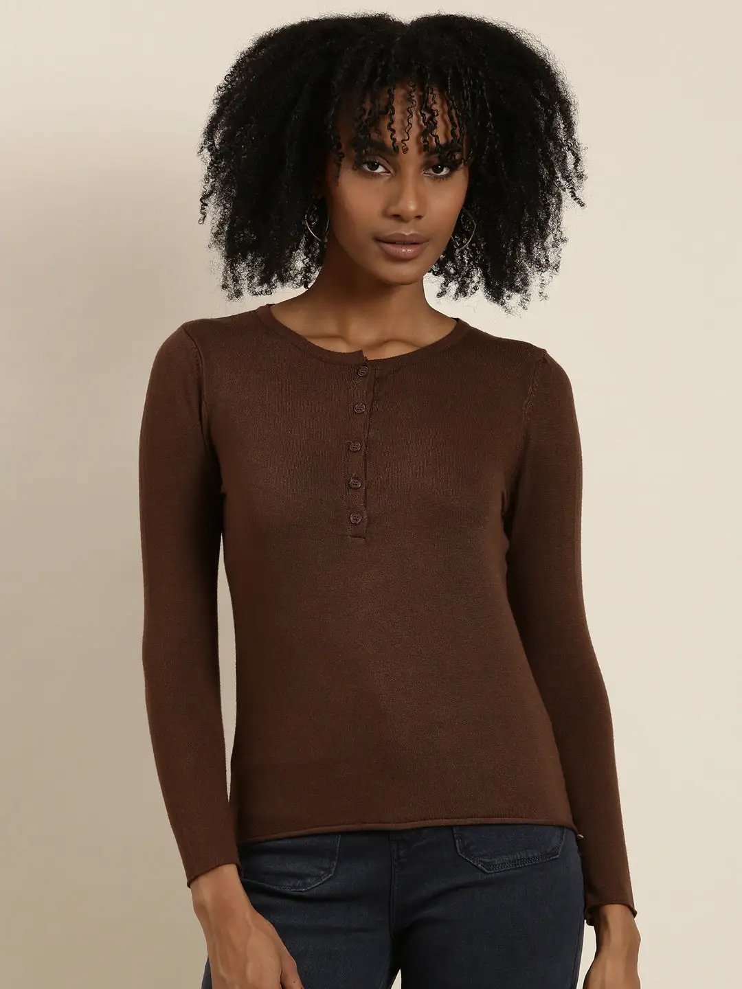 Women's Round Neck Solid Regular Coffee Brown Top