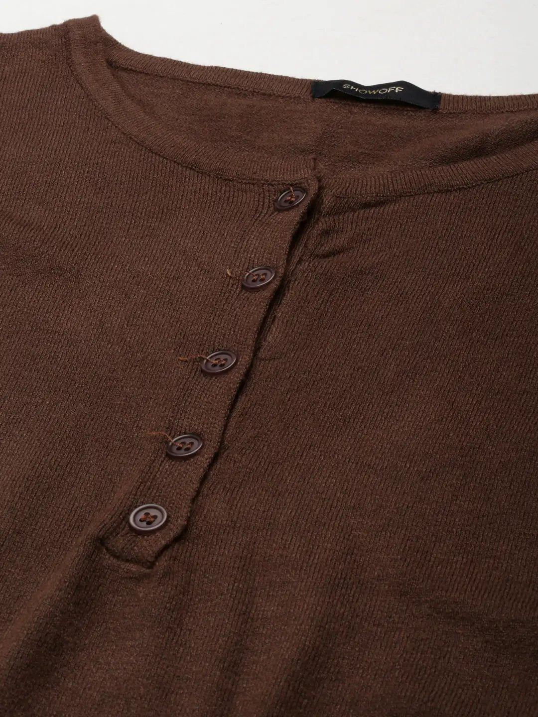 Women's Round Neck Solid Regular Coffee Brown Top