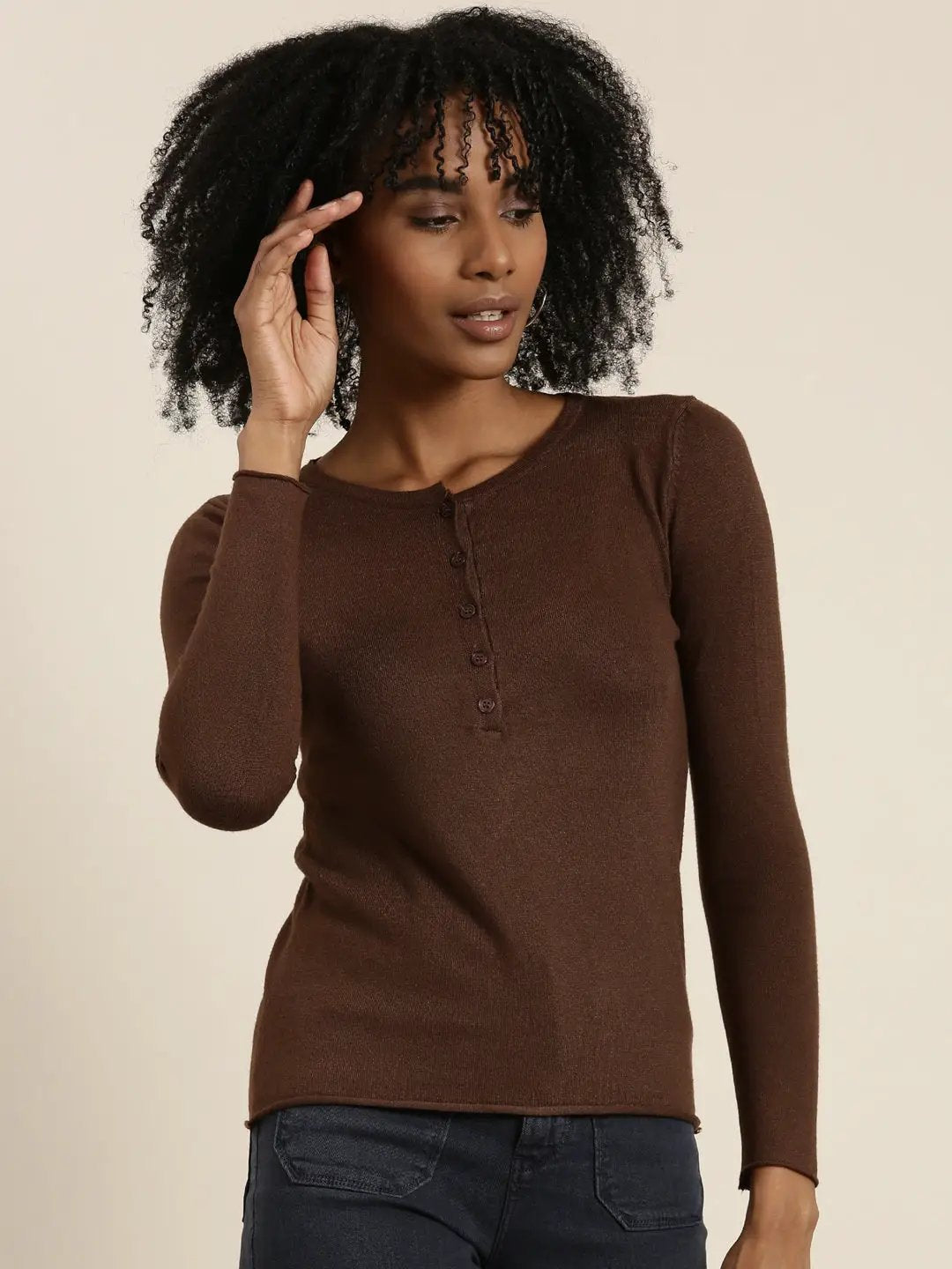 Women's Round Neck Solid Regular Coffee Brown Top