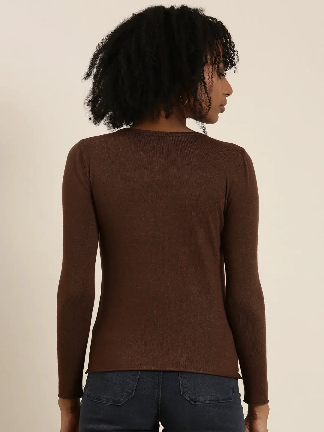 Women's Round Neck Solid Regular Coffee Brown Top