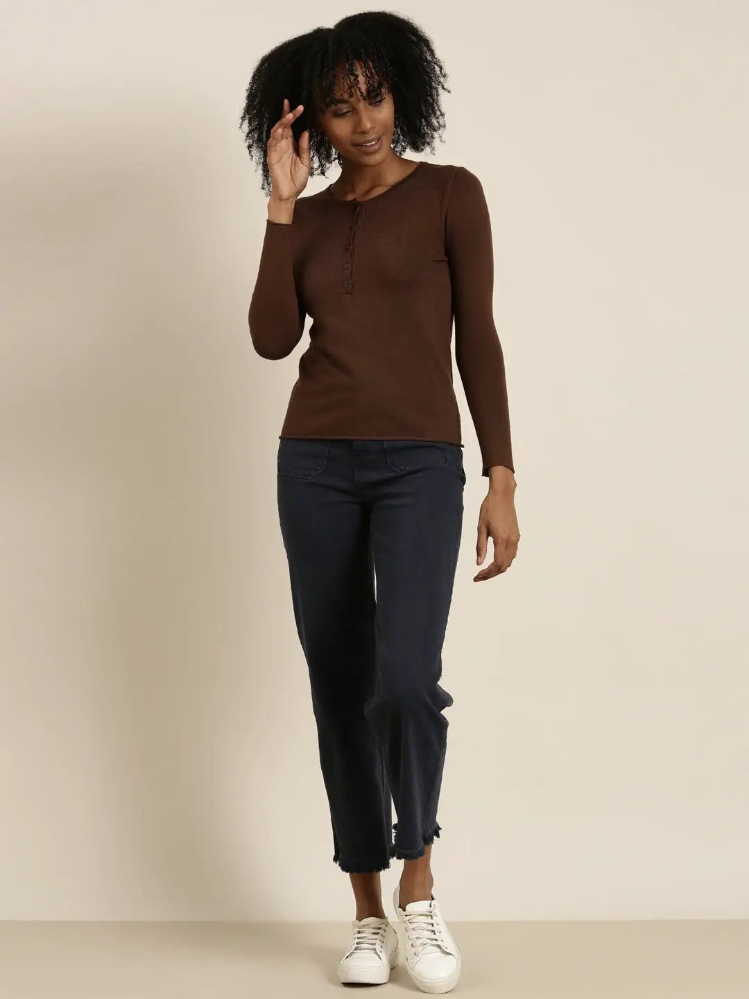 Women's Round Neck Solid Regular Coffee Brown Top