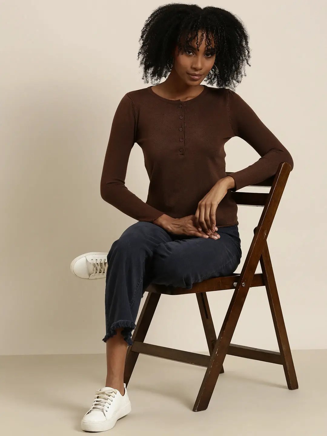 Women's Round Neck Solid Regular Coffee Brown Top